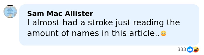 Text message from Sam Mac Allister expressing surprise at the number of names in an article about Riley Keough and John Travolta’s son Ben. Text message from Sam Mac Allister expressing surprise at the number of names in an article about Riley Keough and John Travolta’s son Ben.