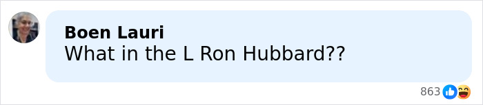 Person named Boen Lauri commenting with text expressing surprise about L Ron Hubbard, displayed in a social media style interface. Person named Boen Lauri commenting with text expressing surprise about L Ron Hubbard, displayed in a social media style interface.
