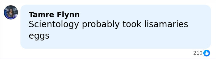 Comment by Tamre Flynn stating Scientology probably took lisamaries eggs with 210 reactions on a light blue background. Comment by Tamre Flynn stating Scientology probably took lisamaries eggs with 210 reactions on a light blue background.