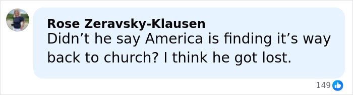 Comment by Rose Zeravsky-Klausen reacting to political and cultural remarks, shown in a social media format. Comment by Rose Zeravsky-Klausen reacting to political and cultural remarks, shown in a social media format.