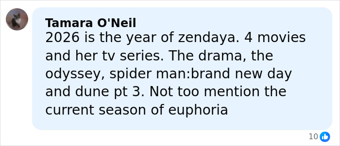 Comment from Tamara O’Neil discussing Zendaya’s 2026 projects including movies, TV series, and Spider-Man brand. Comment from Tamara O’Neil discussing Zendaya’s 2026 projects including movies, TV series, and Spider-Man brand.