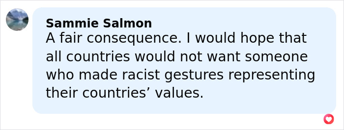 Comment on social media condemning racist gesture by Miss Finland, leading to loss of crown after backlash. Comment on social media condemning racist gesture by Miss Finland, leading to loss of crown after backlash.