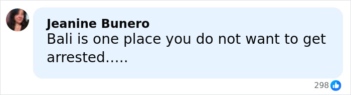 Comment from Jeanine Bunero about Bali being a place to avoid getting arrested, referencing Bonnie Blue arrest news.
