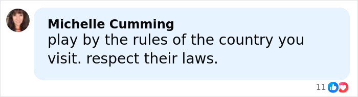 Comment by Michelle Cumming discussing respecting laws while traveling, related to Bonnie Blue arrest news. Comment by Michelle Cumming discussing respecting laws while traveling, related to Bonnie Blue arrest news.