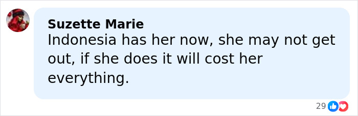 Comment from Suzette Marie expressing concern about Bonnie Blue's arrest and consequences in Indonesia. Comment from Suzette Marie expressing concern about Bonnie Blue's arrest and consequences in Indonesia.