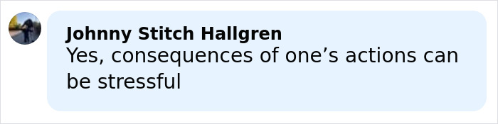 Comment by Johnny Stitch Hallgren about the consequences of actions being stressful, shown in a social media style format.