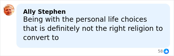 Comment by Ally Stephen discussing personal life choices in relation to religion, with 58 likes shown. Comment by Ally Stephen discussing personal life choices in relation to religion, with 58 likes shown.