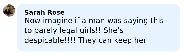 Comment by Sarah Rose expressing outrage over a scandalous video involving barely legal girls and harsh punishment. Comment by Sarah Rose expressing outrage over a scandalous video involving barely legal girls and harsh punishment.