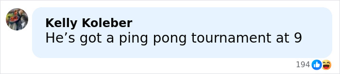 Social media comment about a ping pong tournament at 9, highlighting casual online interaction and fan reactions. Social media comment about a ping pong tournament at 9, highlighting casual online interaction and fan reactions.