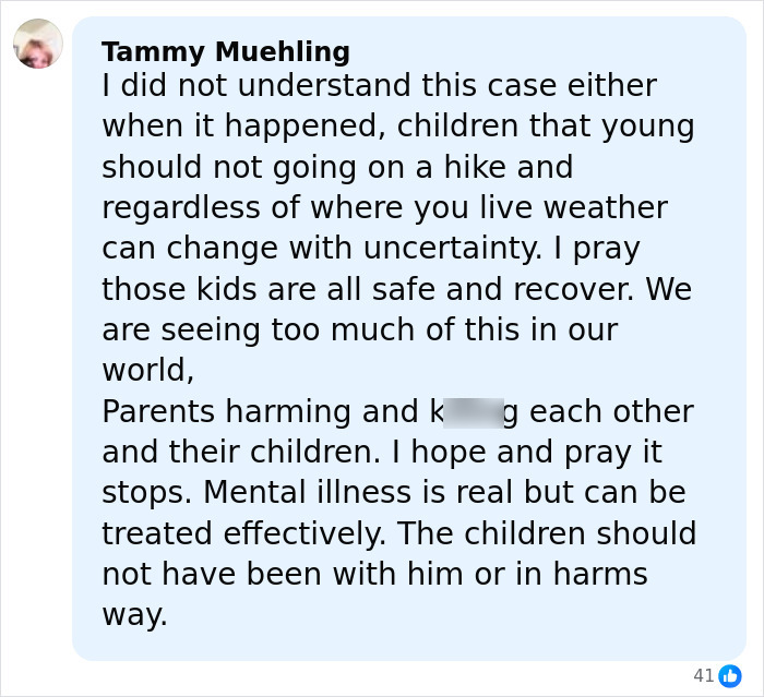 Alt text: Comment discussing children’s heartbreaking words after dad’s disturbing behavior on mountain and concerns for their safety.