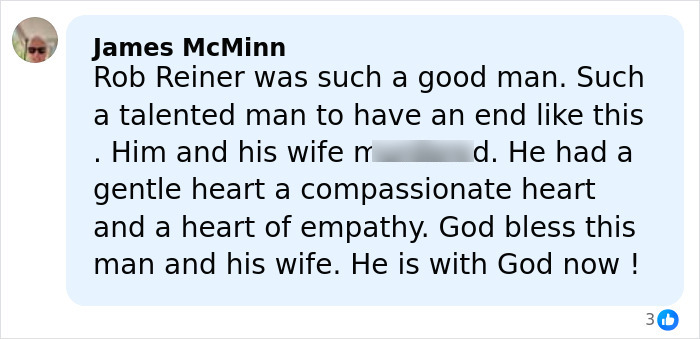 Comment praising Rob Reiner’s character following accusations against his son regarding his death. Comment praising Rob Reiner’s character following accusations against his son regarding his death.