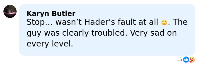 Comment by Karyn Butler discussing Bill Hader and Rob Reiner&rsquo;s son Nick at Conan O&rsquo;Brien&rsquo;s party.