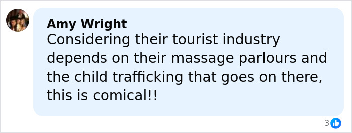 Comment by Amy Wright criticizing the tourist industry linked to massage parlours and child trafficking, referencing scandalous video. Comment by Amy Wright criticizing the tourist industry linked to massage parlours and child trafficking, referencing scandalous video.