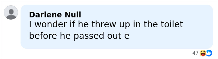Comment from Darlene Null speculating humorously about a raccoon passing out in a bathroom after raiding a liquor store. Comment from Darlene Null speculating humorously about a raccoon passing out in a bathroom after raiding a liquor store.