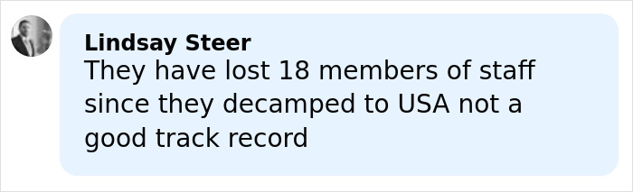 Comment from Lindsay Steer criticizing Prince Harry and Meghan Markle’s staff turnover and PR challenges. Comment from Lindsay Steer criticizing Prince Harry and Meghan Markle’s staff turnover and PR challenges.