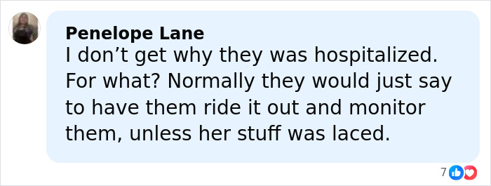 Facebook comment from Penelope Lane discussing a hospitalization after kids ate gummies, reflecting divided internet opinions. Facebook comment from Penelope Lane discussing a hospitalization after kids ate gummies, reflecting divided internet opinions.