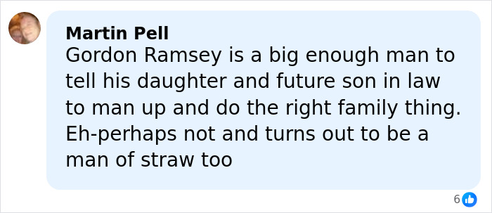 Comment by Martin Pell discussing Gordon Ramsay urging his daughter and future son-in-law to do the right family thing at wedding.