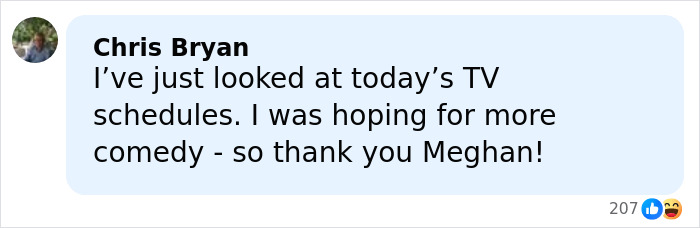 Comment from Chris Bryan mentioning Meghan Markle in a discussion about TV schedules and comedy, sparking split rumors. Comment from Chris Bryan mentioning Meghan Markle in a discussion about TV schedules and comedy, sparking split rumors.