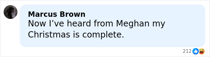 Comment by Marcus Brown expressing Christmas joy after hearing from Meghan Markle, related to split rumors involving Prince Harry. Comment by Marcus Brown expressing Christmas joy after hearing from Meghan Markle, related to split rumors involving Prince Harry.