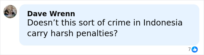 Comment from Dave Wrenn questioning harsh penalties for crime in Indonesia in a social media discussion about adult star arrests. Comment from Dave Wrenn questioning harsh penalties for crime in Indonesia in a social media discussion about adult star arrests.