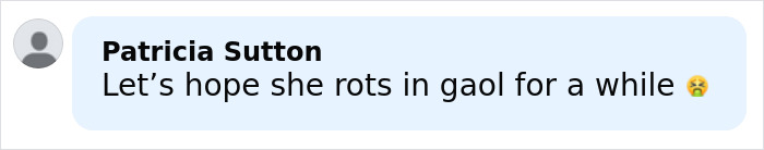 Screenshot of a comment by Patricia Sutton reacting to Bonnie Blue's arrest with a harsh message. Screenshot of a comment by Patricia Sutton reacting to Bonnie Blue's arrest with a harsh message.