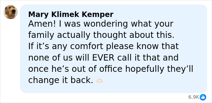 Screenshot of a Facebook comment expressing hope for the Kennedy Center renaming to be reversed online.