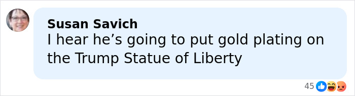 Woman with short hair and glasses commenting online about Kennedy Center renaming, with reactions visible below the message.