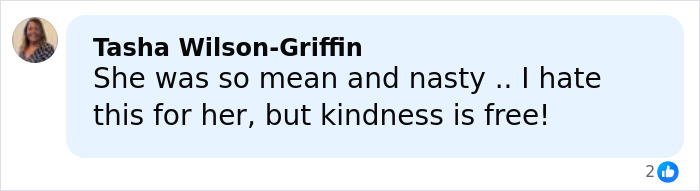 Comment from Tasha Wilson-Griffin expressing frustration and advocating kindness regarding Brandi Glanville’s facial disfigurement diagnosis. Comment from Tasha Wilson-Griffin expressing frustration and advocating kindness regarding Brandi Glanville’s facial disfigurement diagnosis.
