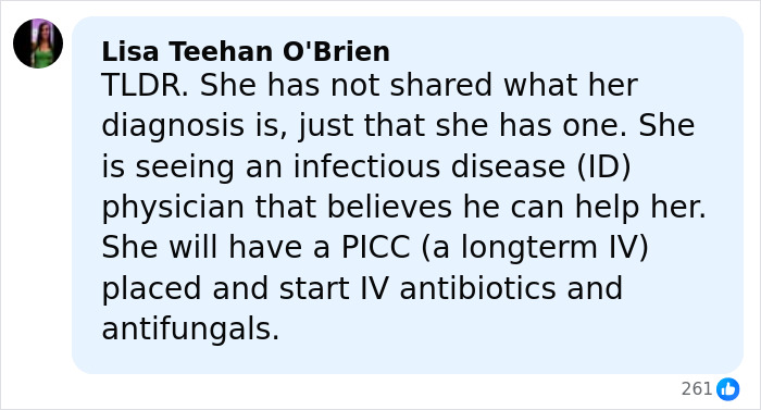Comment from Lisa Teehan O'Brien explaining Brandi Glanville's facial disfigurement diagnosis and treatment plan details. Comment from Lisa Teehan O'Brien explaining Brandi Glanville's facial disfigurement diagnosis and treatment plan details.