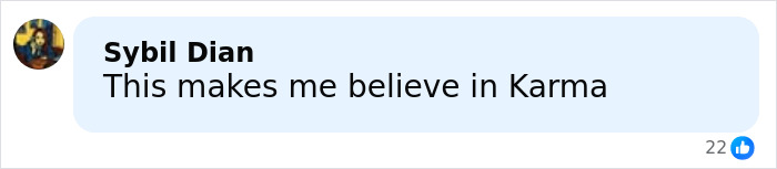 Comment by Sybil Dian stating belief in Karma, displayed in a social media style text bubble. Comment by Sybil Dian stating belief in Karma, displayed in a social media style text bubble.