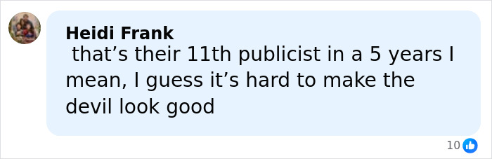 Comment by Heidi Frank mentioning the 11th publicist in 5 years and the challenge of managing Meghan Markle and Prince Harry's image. Comment by Heidi Frank mentioning the 11th publicist in 5 years and the challenge of managing Meghan Markle and Prince Harry's image.