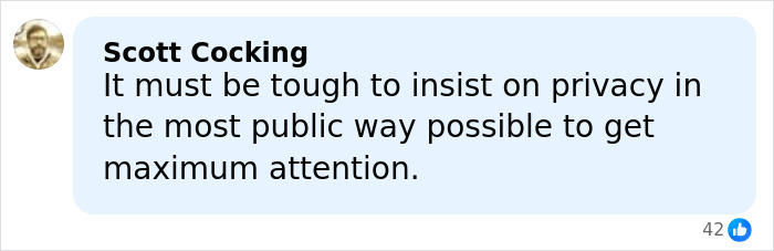 Comment by Scott Cocking criticizing public privacy in a Facebook post about Meghan Markle and Prince Harry's team.