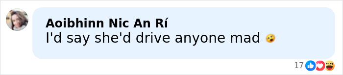 Comment from user Aoibhinn Nic An Rí expressing that she might drive anyone mad with emoji reactions below the comment. Comment from user Aoibhinn Nic An Rí expressing that she might drive anyone mad with emoji reactions below the comment.