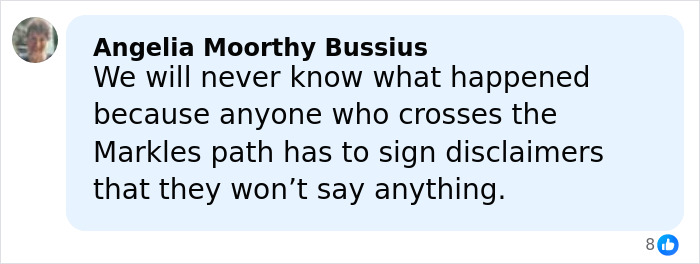 Comment from Angelia Moorthy Bussius about Meghan Markle’s team, mentioning signed disclaimers and silence requirements.