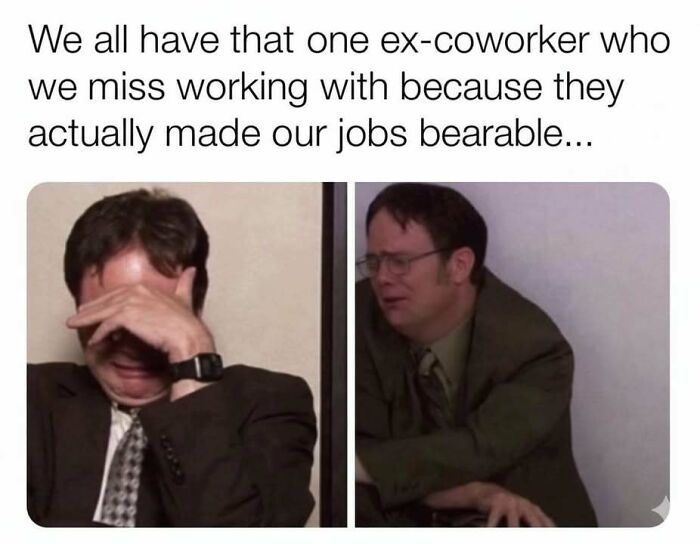 Man in suit and glasses crying expressing missing a coworker shown in a meme for hilarious memes about stress relief.