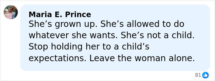 Comment by Maria E. Prince defending Millie Bobby Brown’s right to personal choices amid plastic surgery rumors controversy. Comment by Maria E. Prince defending Millie Bobby Brown’s right to personal choices amid plastic surgery rumors controversy.