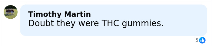 Facebook comment by Timothy Martin expressing doubt about THC gummies being involved in incident with kids and mom calling 911. Facebook comment by Timothy Martin expressing doubt about THC gummies being involved in incident with kids and mom calling 911.