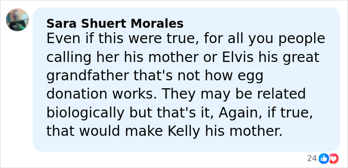 Comment by Sara Shuert Morales discussing Riley Keough and John Travolta’s son Ben’s biological mother claim. Comment by Sara Shuert Morales discussing Riley Keough and John Travolta’s son Ben’s biological mother claim.