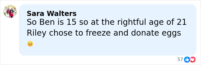 Comment by Sara Walters discussing Riley Keough freezing and donating eggs related to John Travolta’s son Ben. Comment by Sara Walters discussing Riley Keough freezing and donating eggs related to John Travolta’s son Ben.
