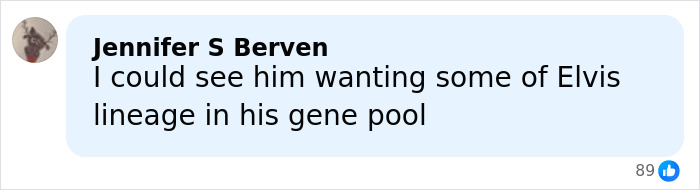 Comment mentioning gene pool and Elvis lineage in relation to Riley Keough and John Travolta’s son Ben’s biological mother topic. Comment mentioning gene pool and Elvis lineage in relation to Riley Keough and John Travolta’s son Ben’s biological mother topic.