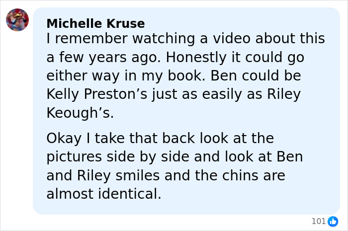 Comment discussing Riley Keough and John Travolta’s son Ben, comparing their smiles and chins closely. Comment discussing Riley Keough and John Travolta’s son Ben, comparing their smiles and chins closely.