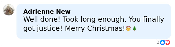 Comment praising the viral Christmas lawyer for winning justice and celebrating the holiday season with festive emojis.