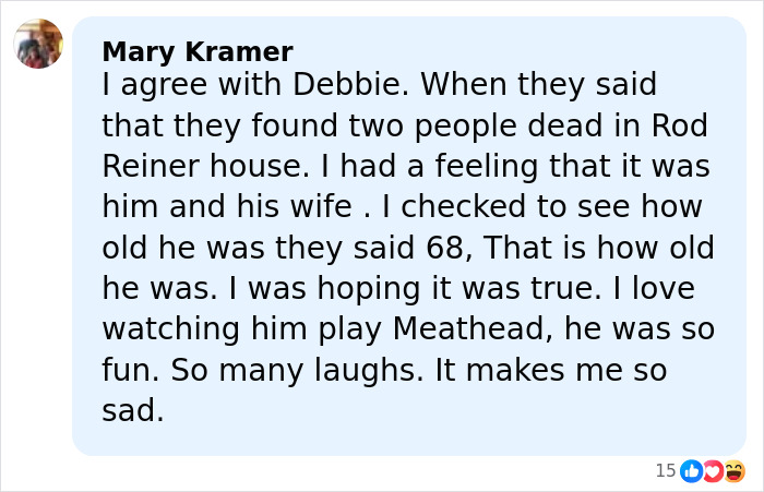 Facebook comment discussing the son eyed as person of interest after Rob Reiner and wife found slain in LA home. Facebook comment discussing the son eyed as person of interest after Rob Reiner and wife found slain in LA home.