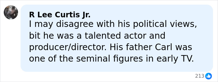 Comment by R Lee Curtis Jr. discussing Rob Reiner's political views and his father's impact on early TV. Comment by R Lee Curtis Jr. discussing Rob Reiner's political views and his father's impact on early TV.