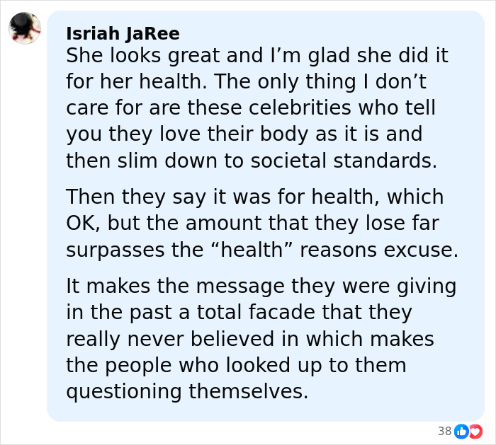 User comment criticizing celebrities for dramatic weight loss and calling it a total facade affecting fans' perceptions. User comment criticizing celebrities for dramatic weight loss and calling it a total facade affecting fans' perceptions.