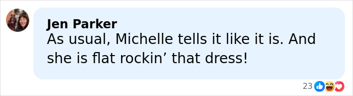 Comment from Jen Parker praising Michelle Obama’s confidence and style in a casual social media post. Comment from Jen Parker praising Michelle Obama’s confidence and style in a casual social media post.