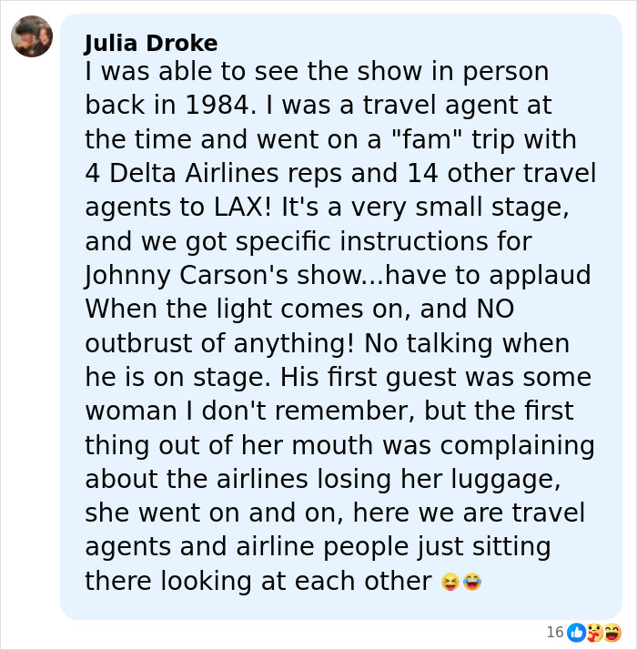 Comment about attending Johnny Carson’s Tonight Show with travel agents, highlighting strict audience rules and a guest complaint. Comment about attending Johnny Carson’s Tonight Show with travel agents, highlighting strict audience rules and a guest complaint.