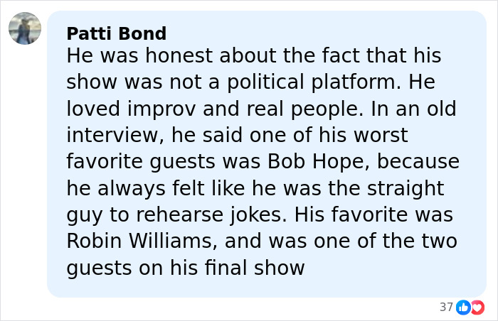 Comment discussing banned stars from the Tonight Show by Johnny Carson, mentioning guests Bob Hope and Robin Williams. Comment discussing banned stars from the Tonight Show by Johnny Carson, mentioning guests Bob Hope and Robin Williams.