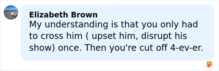 Comment by Elizabeth Brown explaining how banned stars from the Tonight Show by Johnny Carson were permanently cut off. Comment by Elizabeth Brown explaining how banned stars from the Tonight Show by Johnny Carson were permanently cut off.