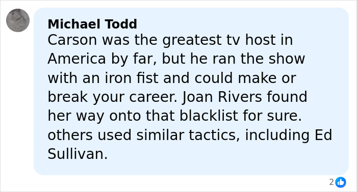 Comment discussing banned stars from the Tonight Show by Johnny Carson, mentioning Joan Rivers and Ed Sullivan. Comment discussing banned stars from the Tonight Show by Johnny Carson, mentioning Joan Rivers and Ed Sullivan.